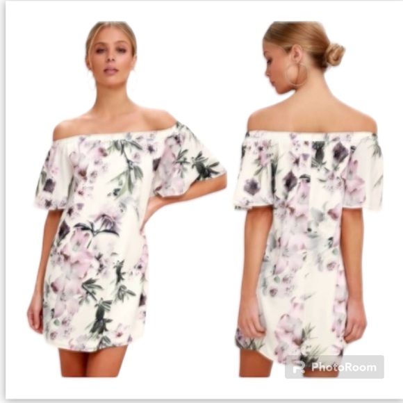 Lulu’s Dream of You Ivory Off The Shoulder Floral Mini Chiffon Shift Dress Sz XS - Picture 3 of 16